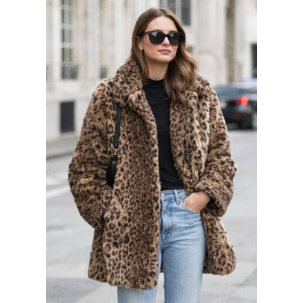 Vintage Terry Lewis Leopard Faux Fur Coat Oversized Small Brown Animal Print